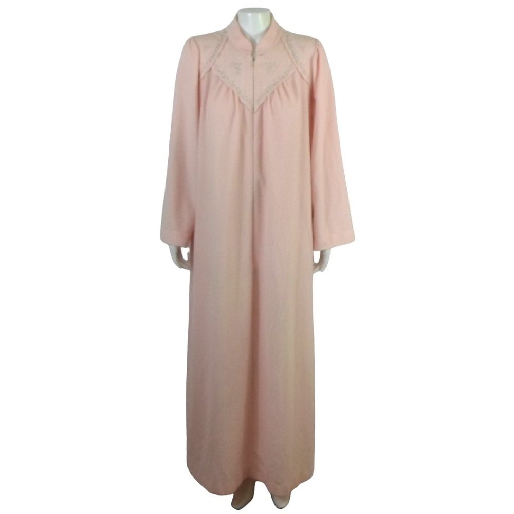 Vintage Shadowline Pink Peach Fleece Zip Front Long Sleeve Robe
